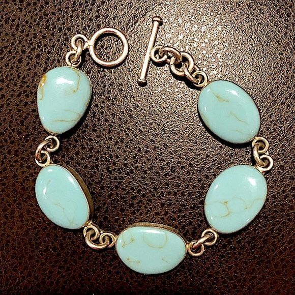 SOUTHWESTERN Mexico Sterling Silver Turquoise Cabochon Linked Bracelet - Picture 1 of 6